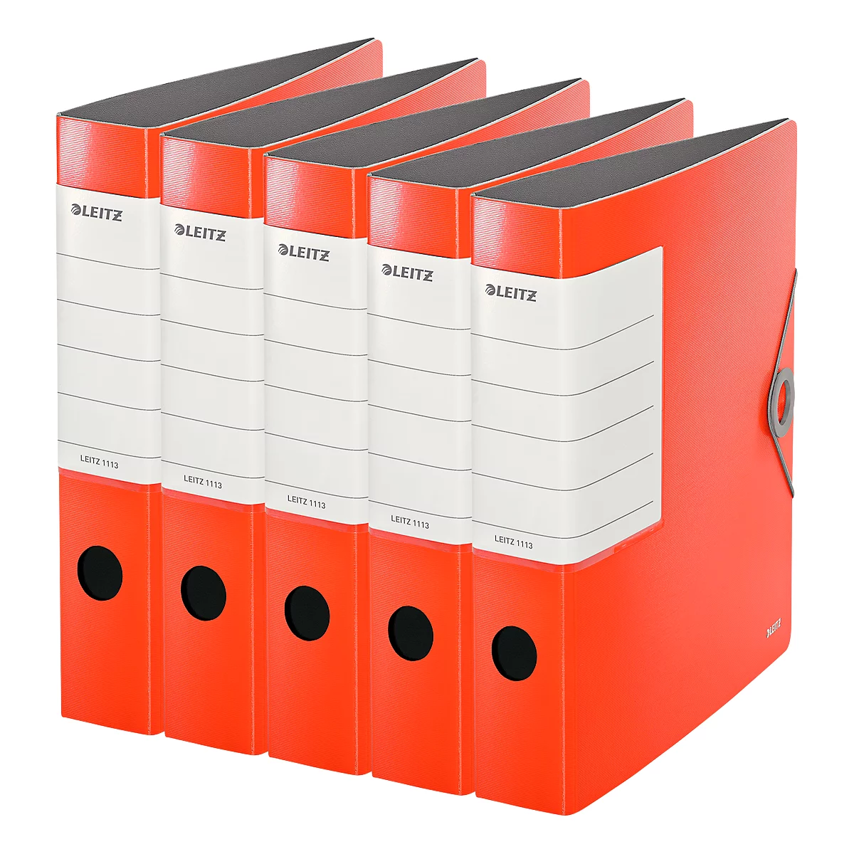 Five red Leitz binders, lined up next to each other. On each binder the Leitz logo and a label with lettering can be seen.