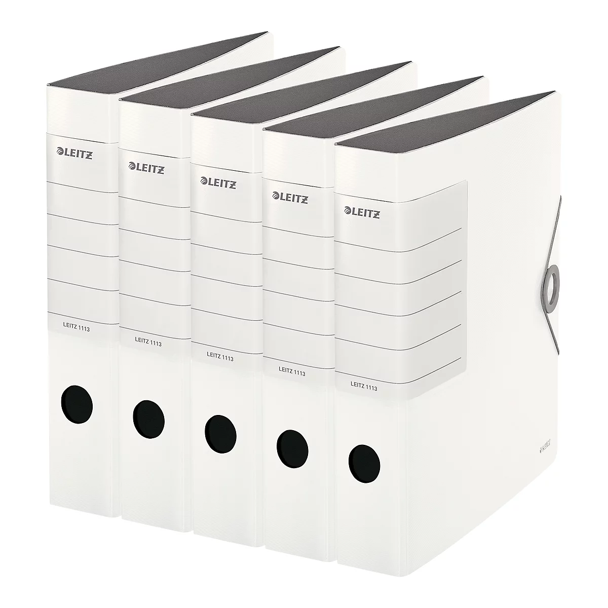 Five white Leitz file folders, black lids, round holes at the bottom. The Leitz lettering is printed on the spine.