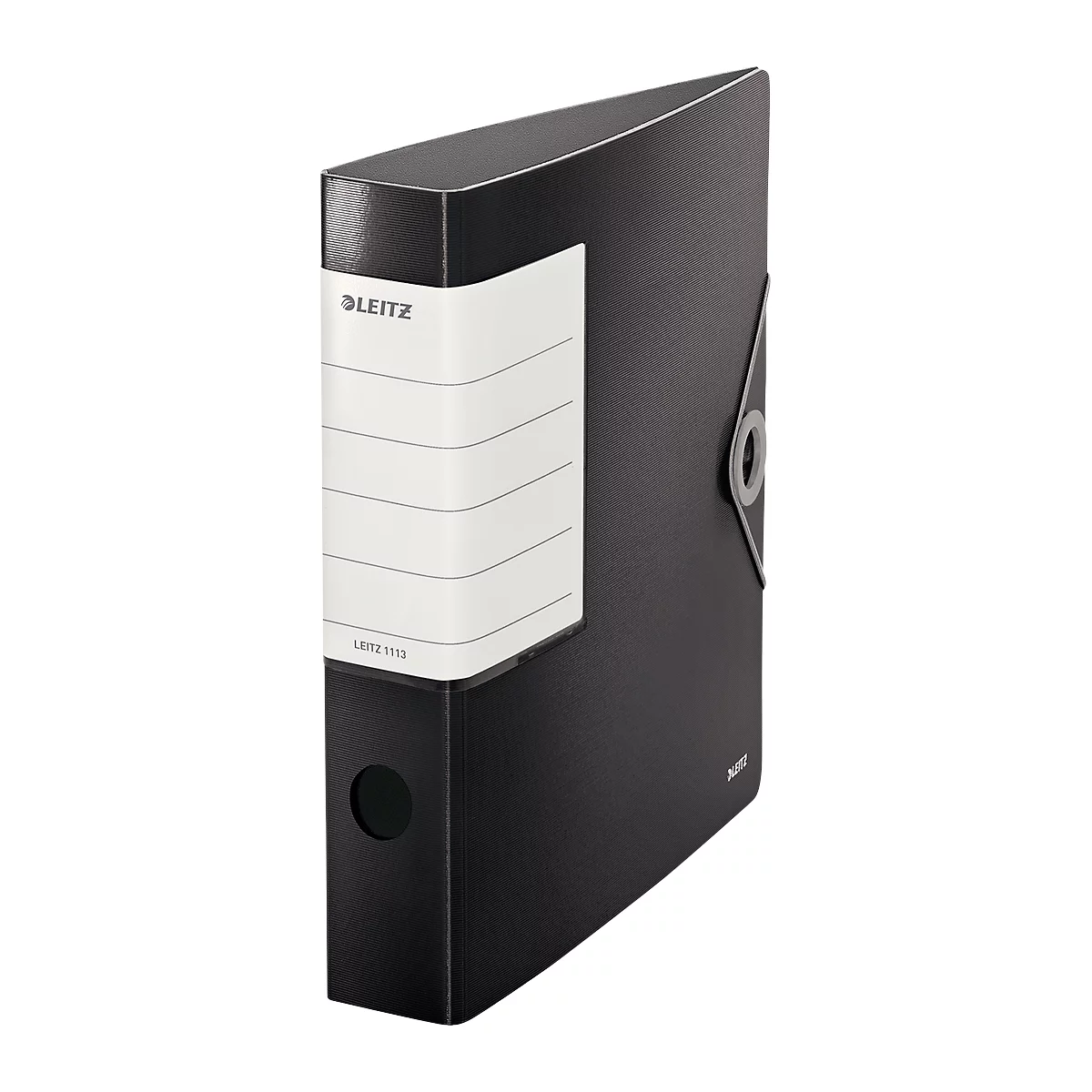 Black Leitz binder, side view with white label. The binder has a metal ring and a hole.