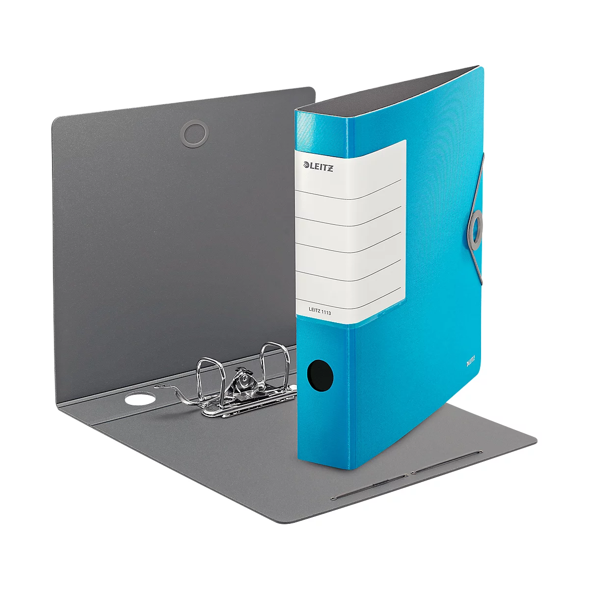 Blue Leitz binder with a white label and an open, gray folder. The binder stands on the open side. The brand name is visible on the label.
