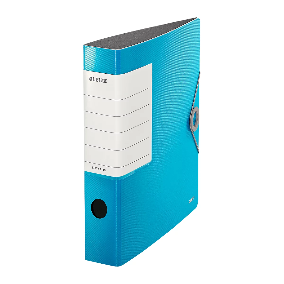 Light blue Leitz binder system with large label. Labelled "LEITZ" and model number.
