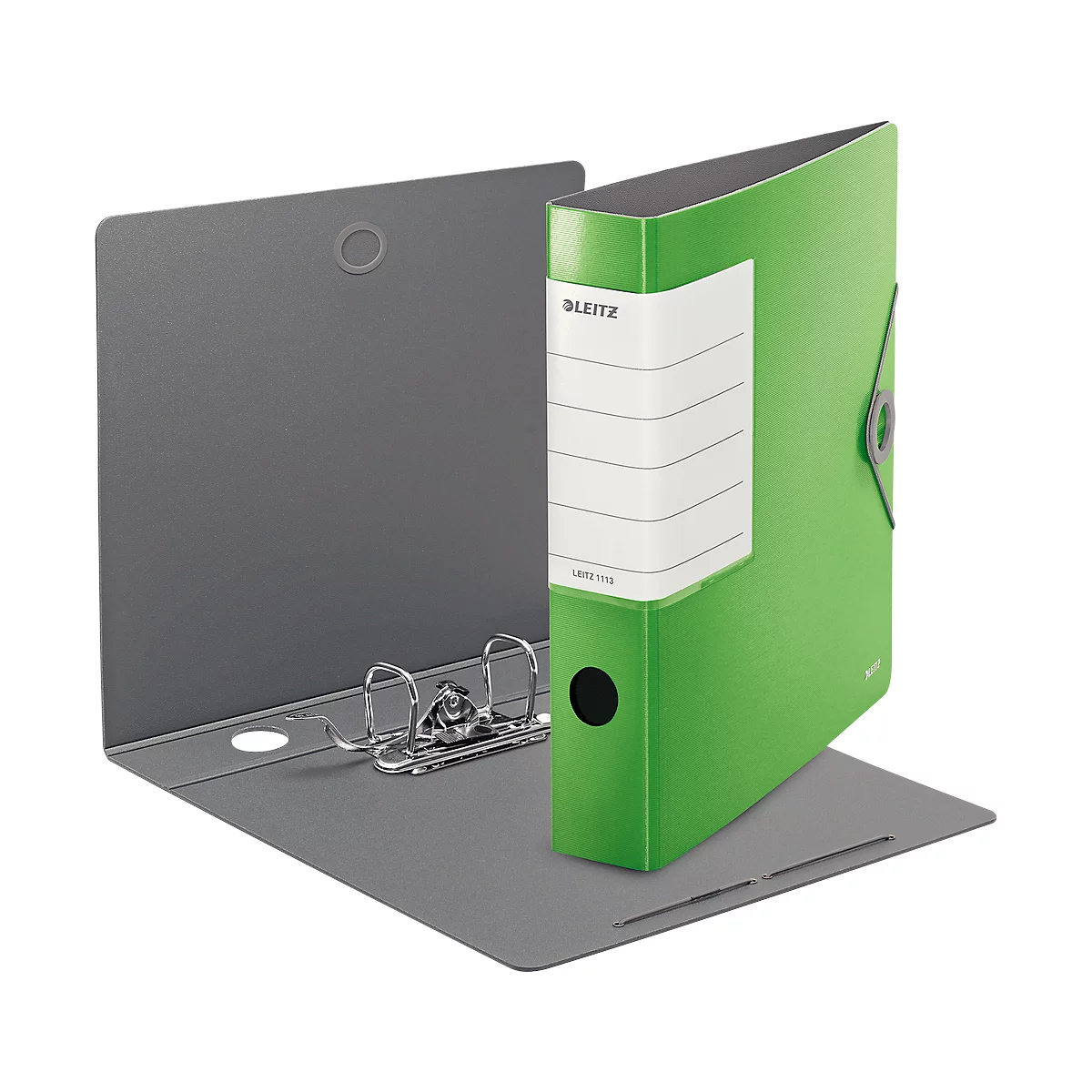 Green Leitz binder, open with silver clips.