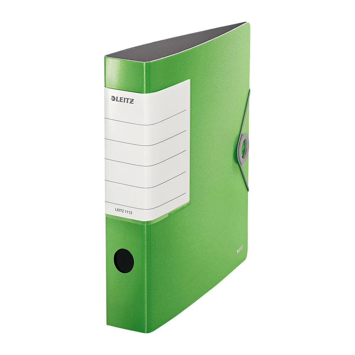 Green Leitz file folder, with a white label and black edge.