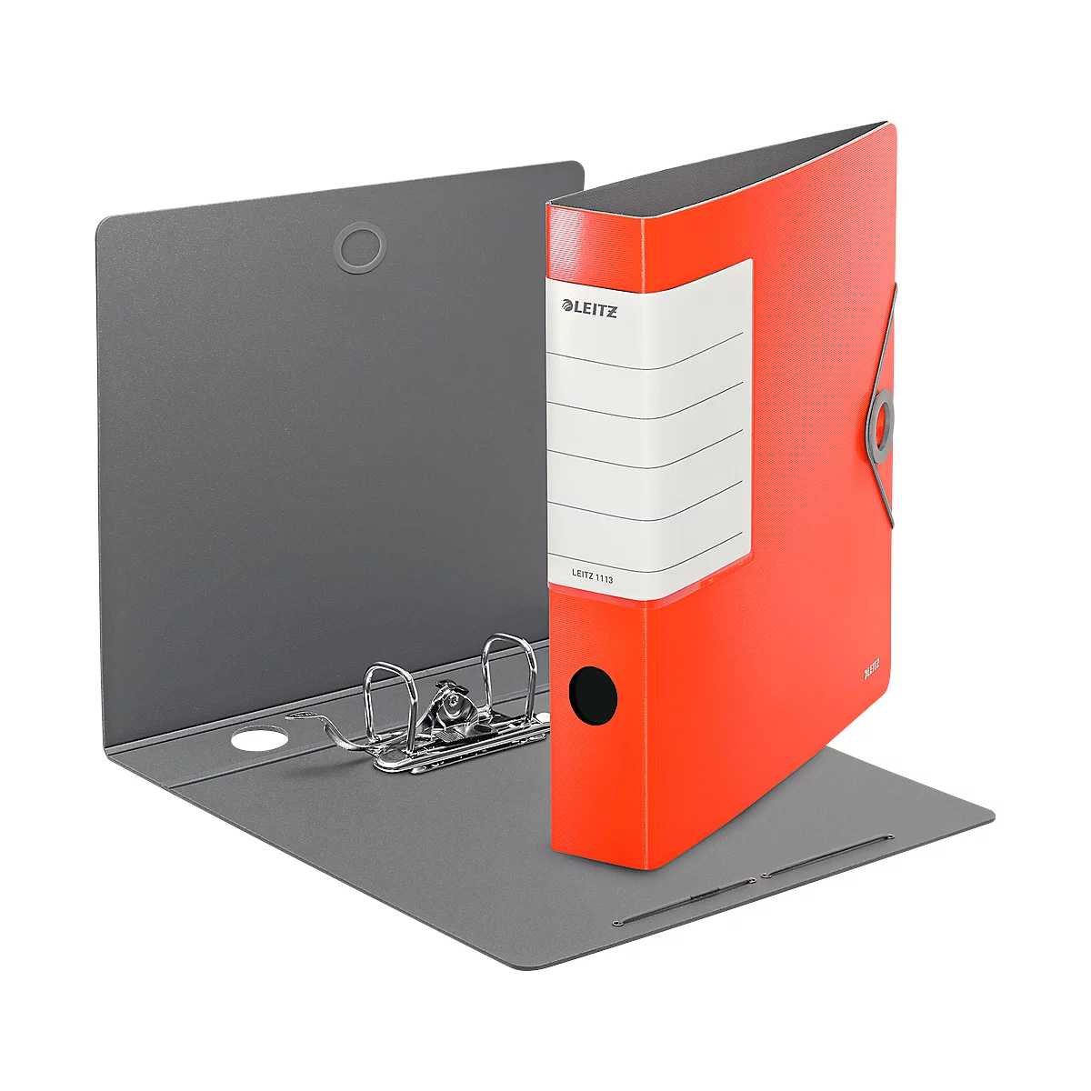A red Leitz binder stands open on a gray surface. The binder has a white label with lettering.
