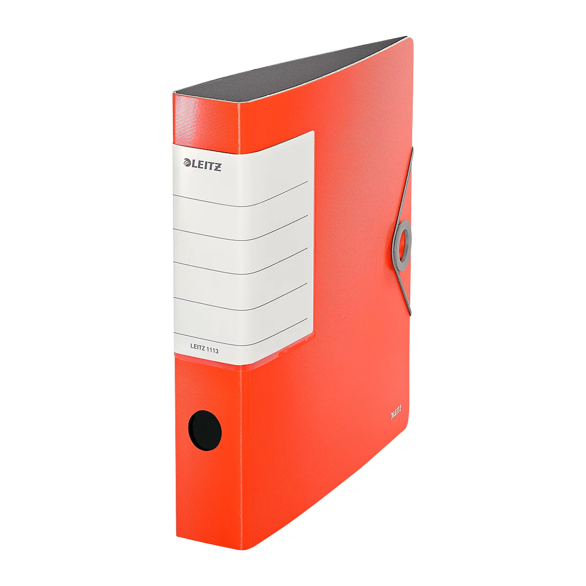 Red Leitz binder with white label and lettering. There is a black hole on the spine.