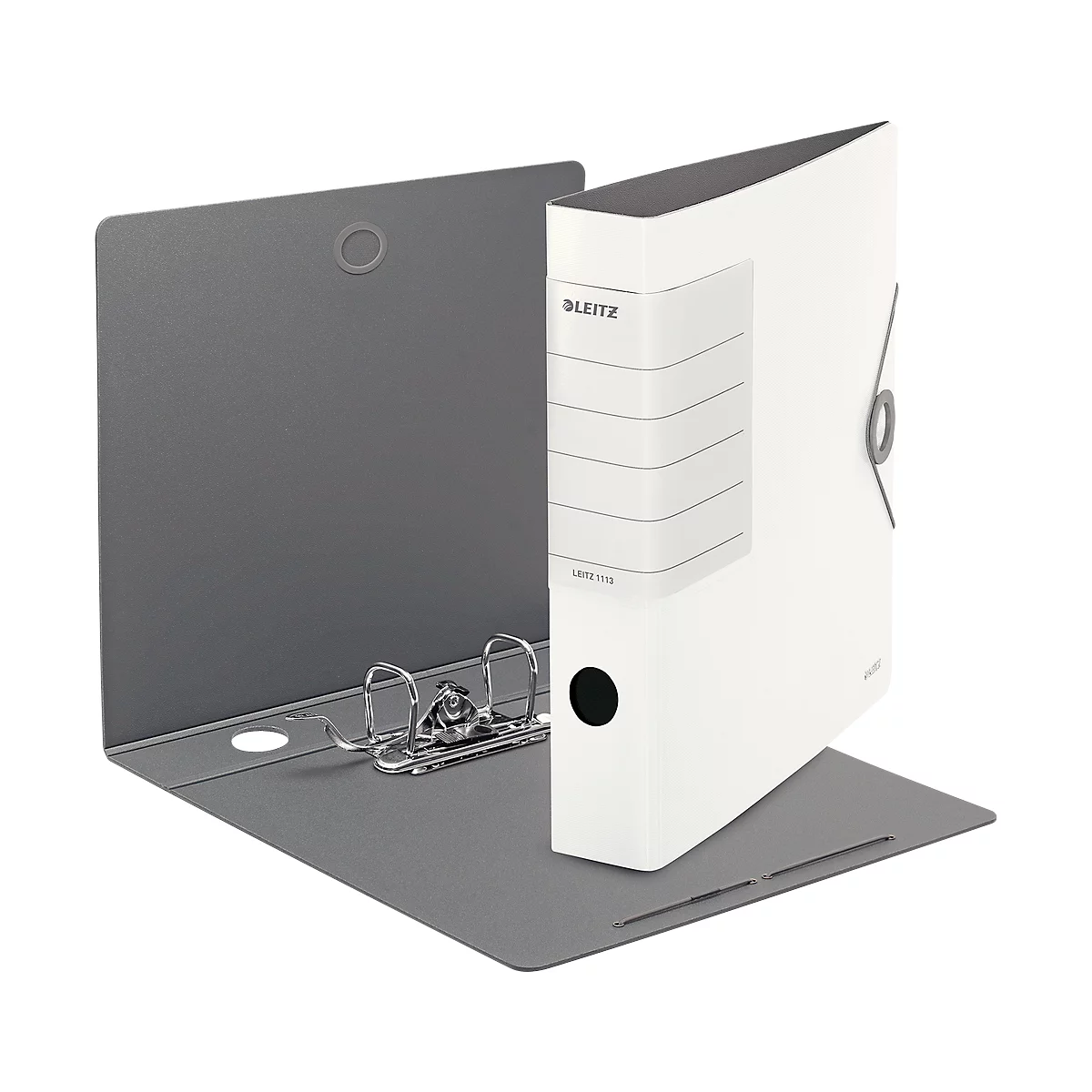 Binder in gray and white. The white binder stands in an open gray binder. Leitz is written on the white binder.