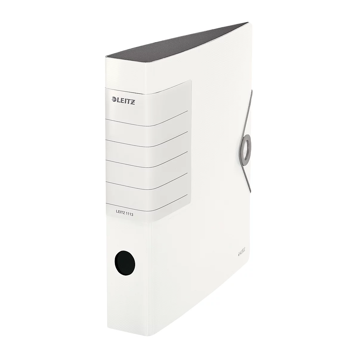 White Leitz binder, black buttonhole, gray metal bracket.