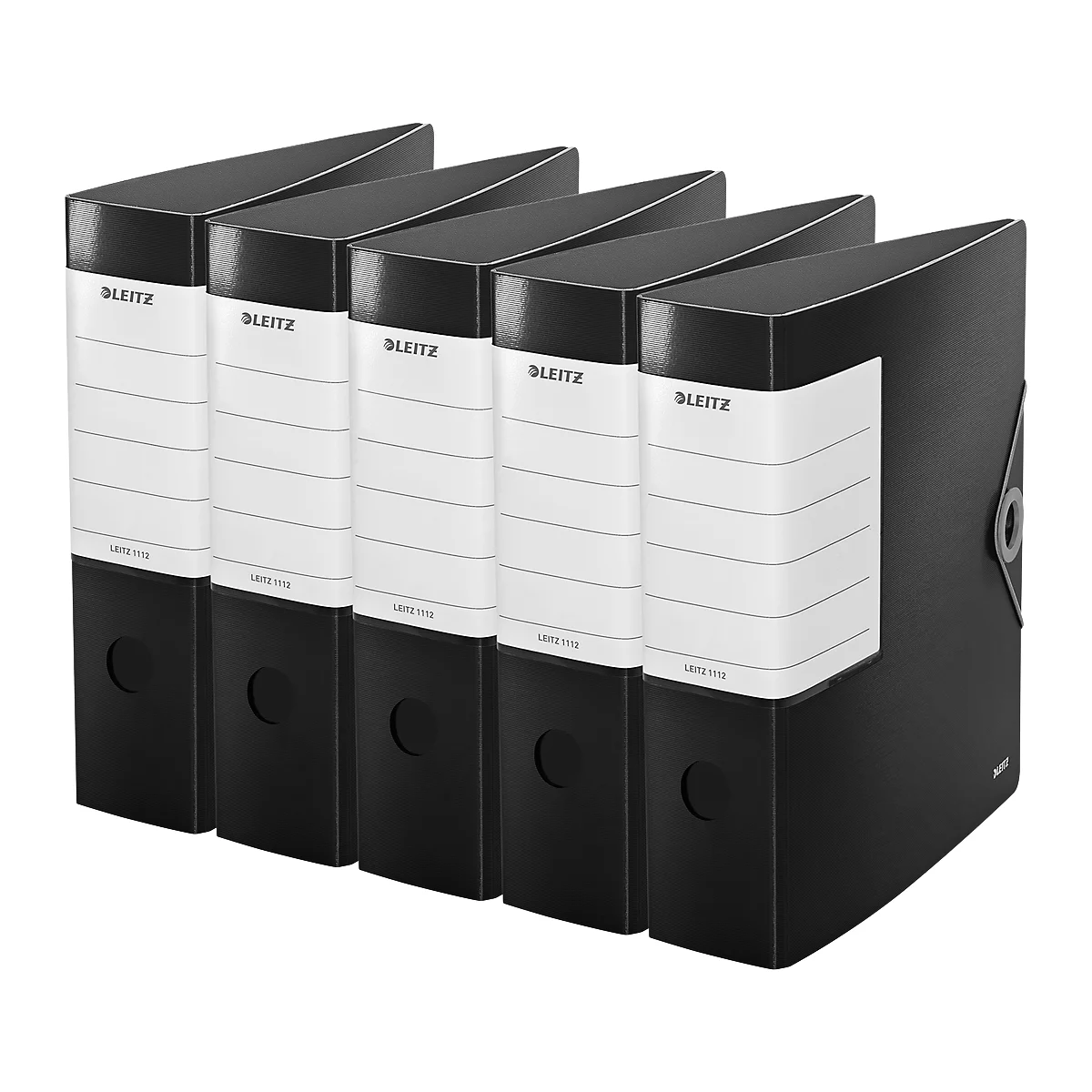 Five black lever arch files side by side. The front says 'LEITZ'.