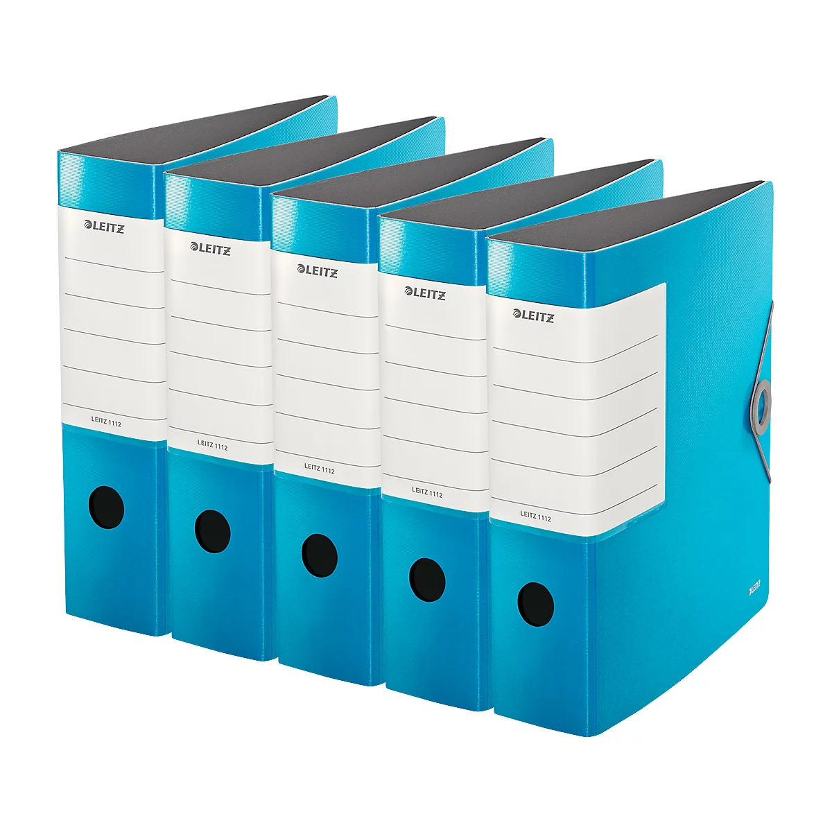 Five blue file folders with white labels, the "LEITZ" logo visible.