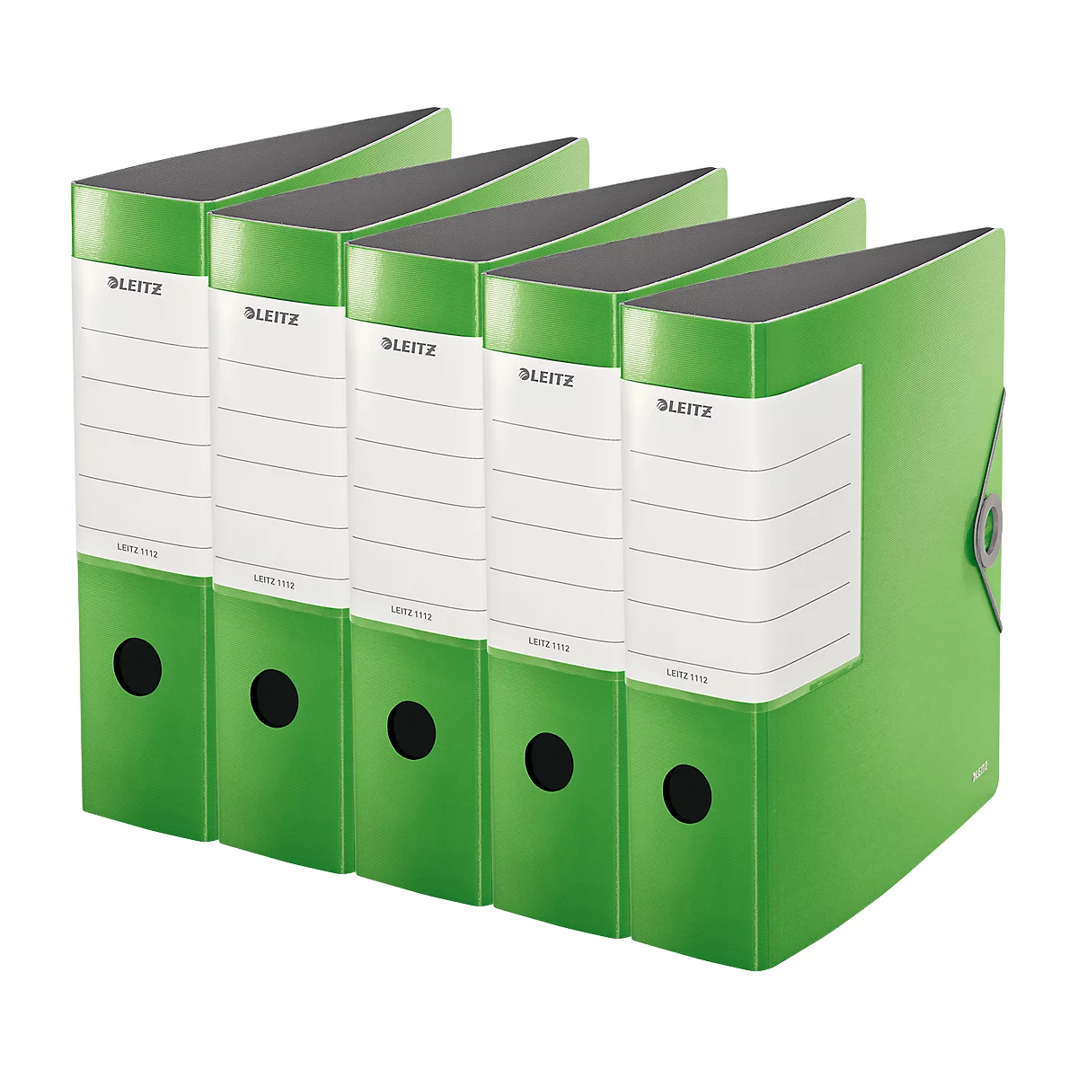 Five green lever arch files with white labels, the "LEITZ" logo is visible.