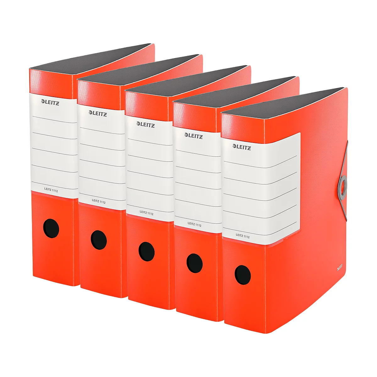 Five orange Leitz binders stand side by side. Labels with the Leitz logo can be seen on the front.