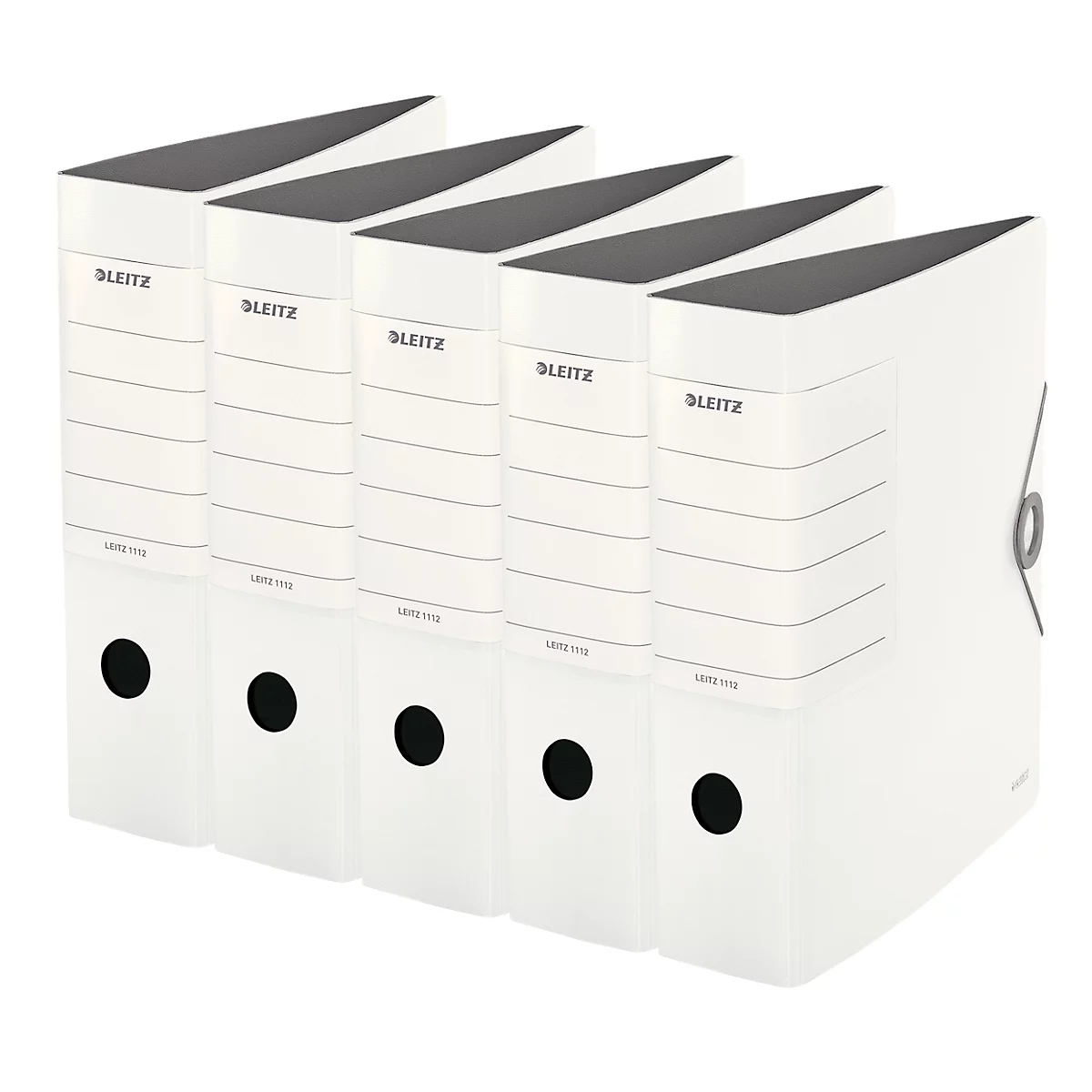 Five white file folders stand side by side. The Leitz logo and text can be seen on each, as well as a black round handle.