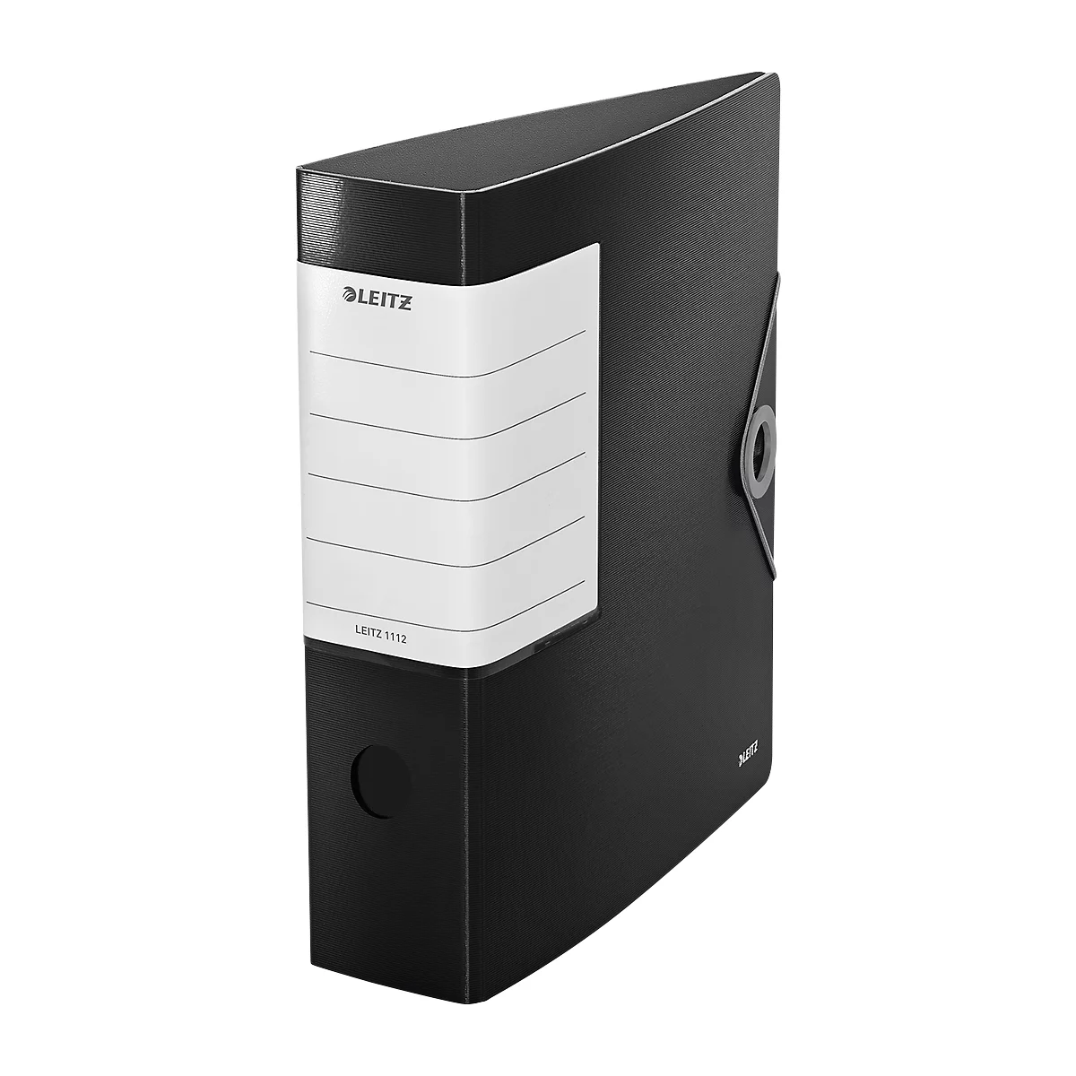 Black Leitz file folder with white label and company logo. A gray metal ring is visible on the spine.