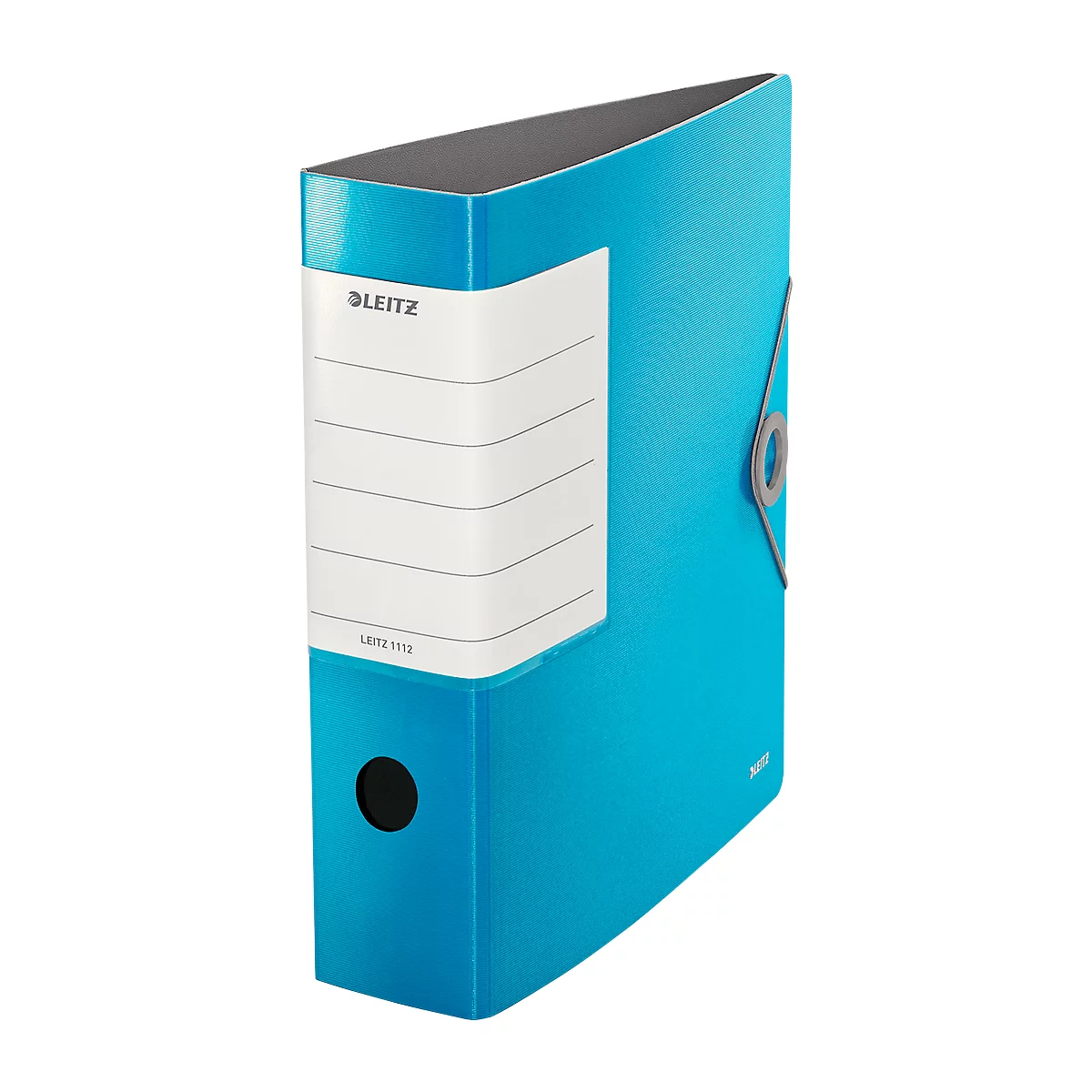 Turquoise Leitz file folder with white label, black hole and gray holder.