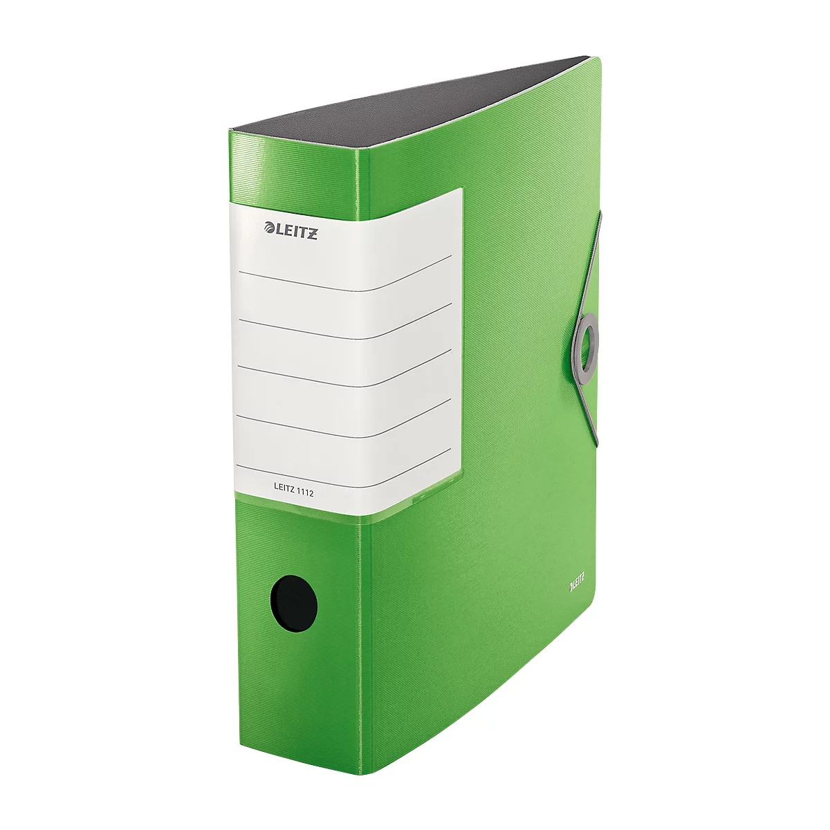 Green Leitz file box with white label and black hole.