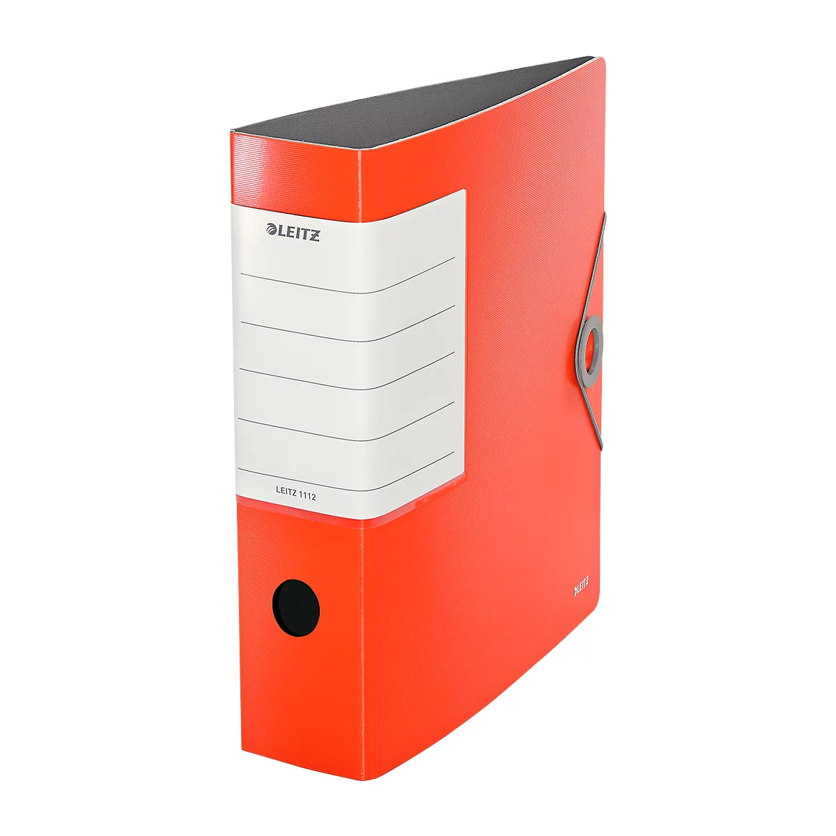 Red Leitz file folder with a large white label. A gray clasp on the side.