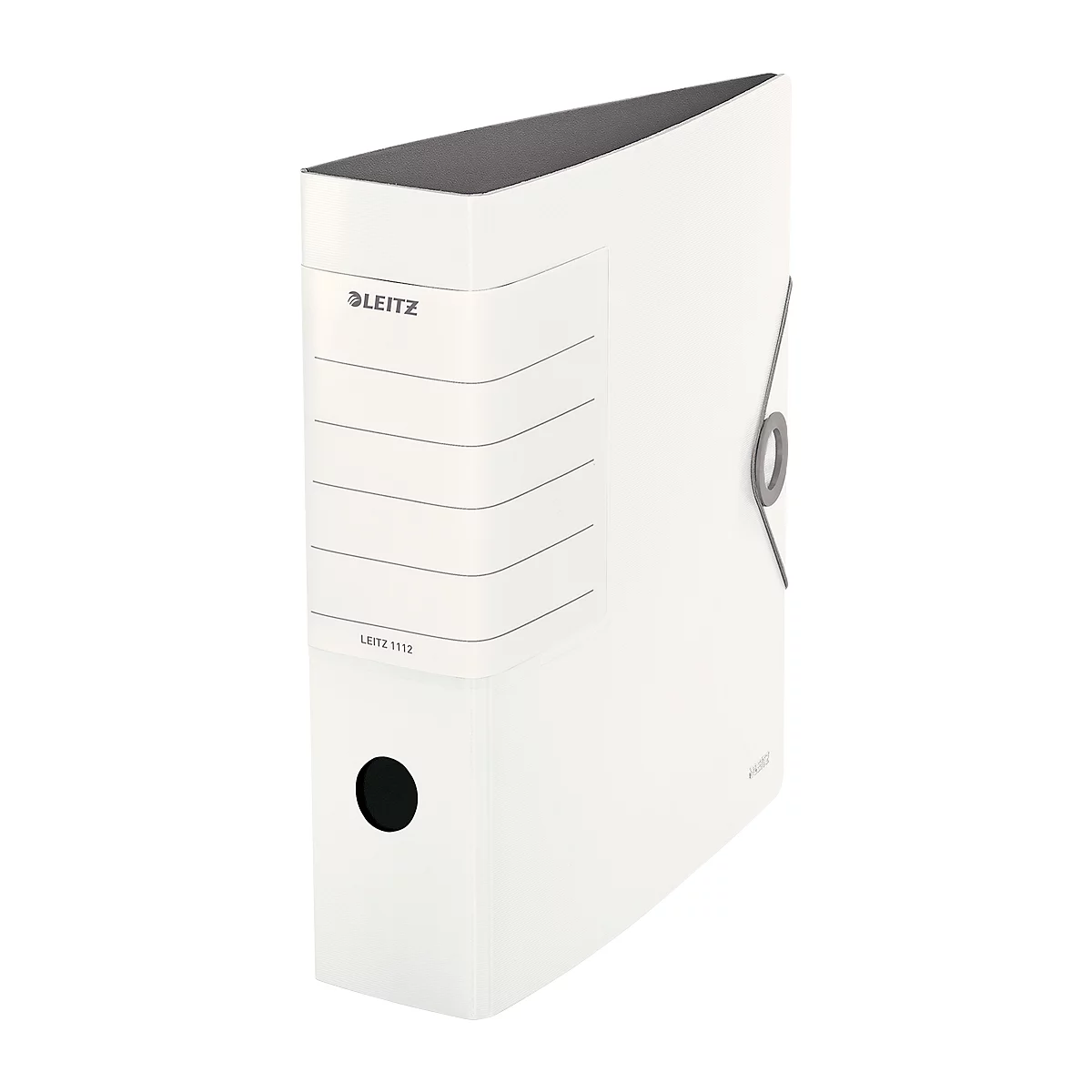 White Leitz binder with gray edge, handle hole and lettering.