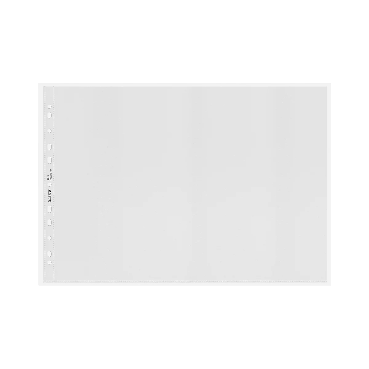 Een transparante insteekhoes, met gaten aan de linkerrand. Aan de linkerkant staat een kleine belettering.