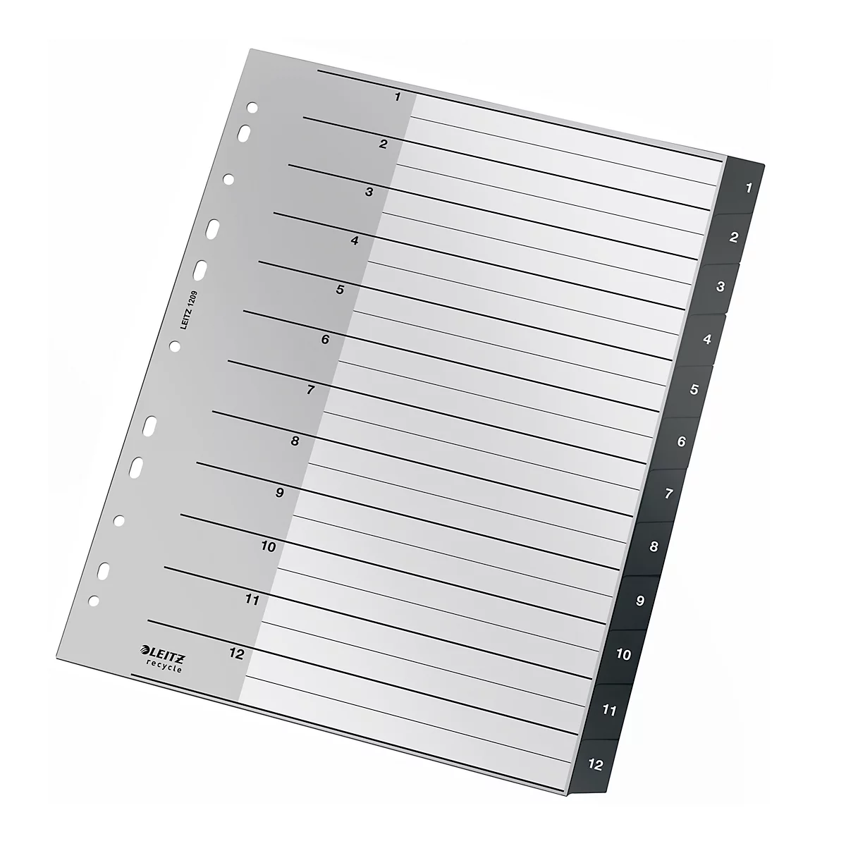 Leitz® Recycle indexmap, A4, beschrijfbaar, universele perforatie, 100% recyclebaar, kunststof, zwart, tabbladen 1-12