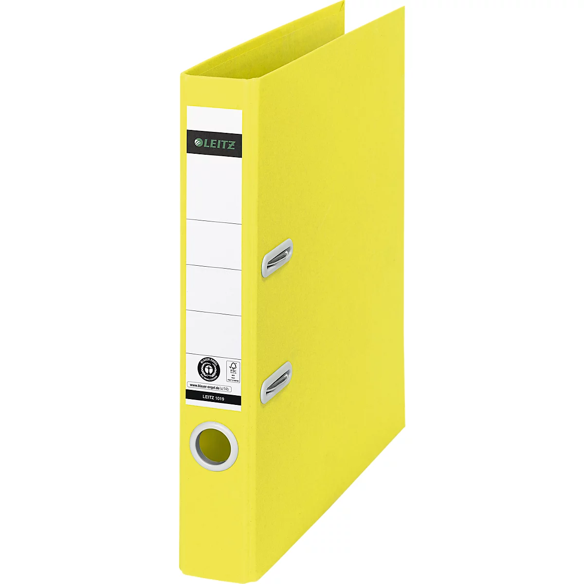 LEITZ® Recycle ordner, A4, rugbreedte 50 mm, 180° hefboommechanisme, rugetiket &amp; vingergat, 100% recyclebaar, geel