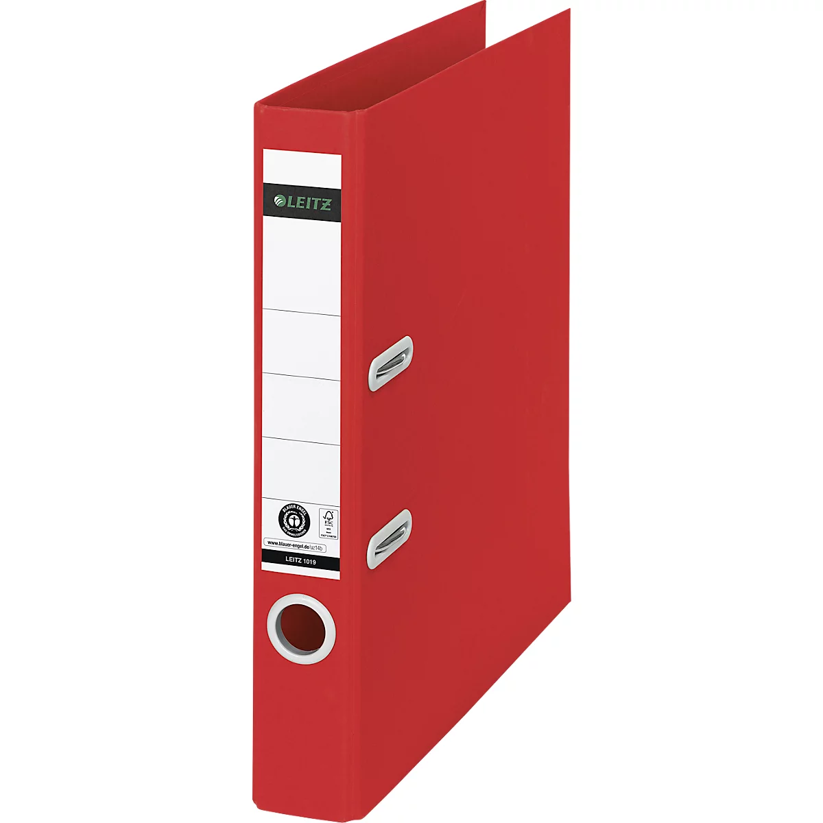 LEITZ® Recycle ordner, A4, rugbreedte 50 mm, 180° hefboommechanisme, rugetiket &amp; vingergat, 100% recyclebaar, rood