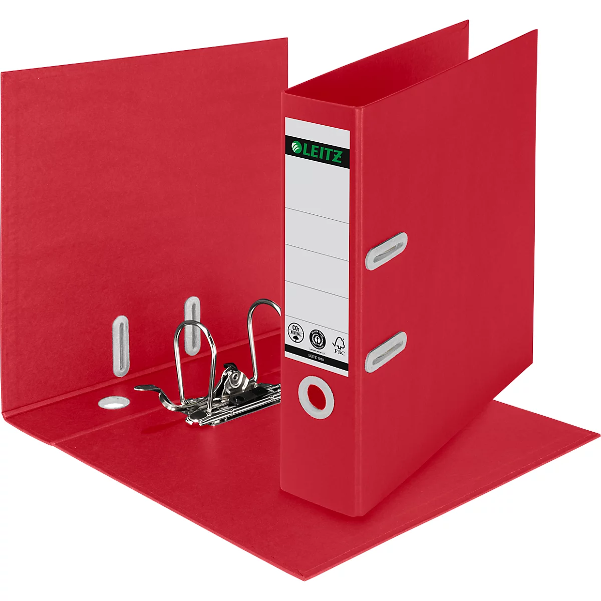 LEITZ® Recycle ordner, DIN A4, rugbreedte 80 mm, 180° hefboommechanisme, rugetiket &amp; vingergat, 100% recyclebaar, rood