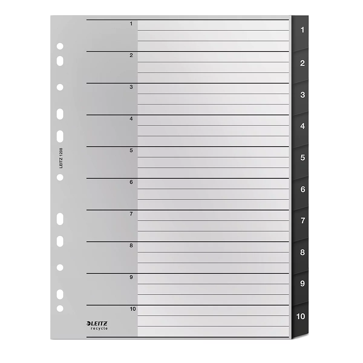 Graue Registerkarte mit 10 Abschnitten, horizontalen Linien und seitlichen Markierungen für Lochung. Schwarze Nummerierung.