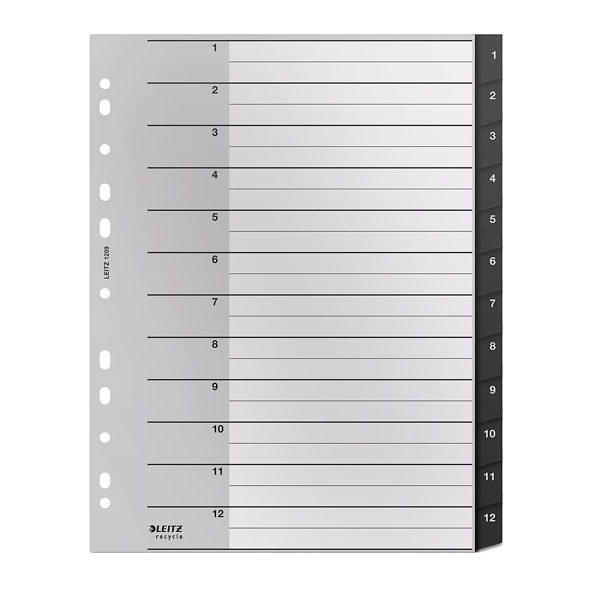 Transparente Registerkarte mit 12 Abschnitten, schwarz beschriftet mit Zahlen. Links hat es Löcher für die Ablage.
