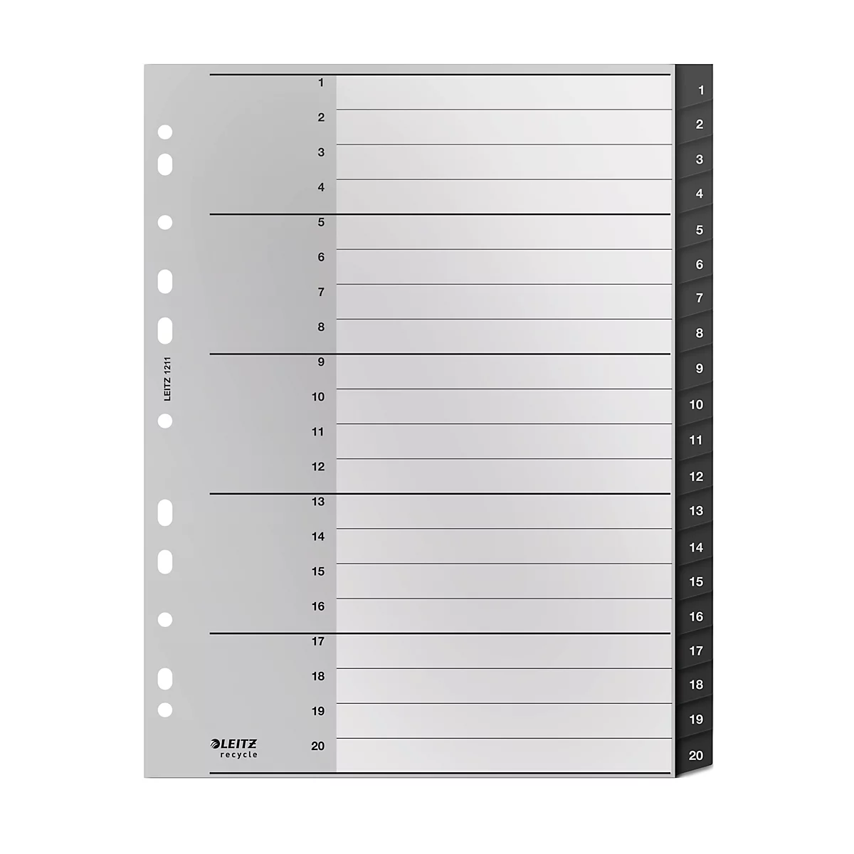 Graues Register mit 20 nummerierten Tabs. Links sind Löcher zum Abheften, rechts schwarze nummerierte Tabs.