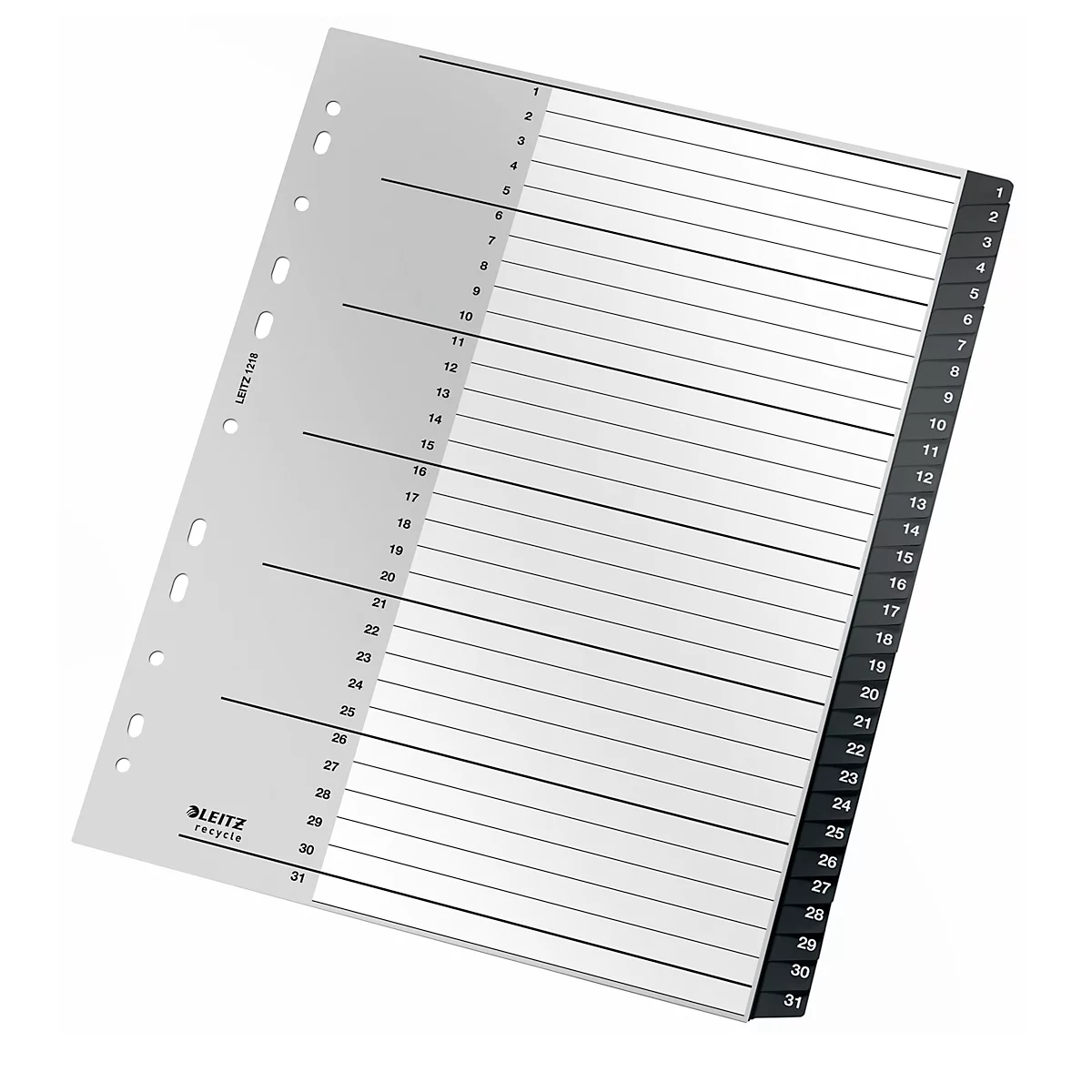Graue, transparente Registerkarte mit schwarzen Linien und Zahlen. Das Leitz Logo ist sichtbar.
