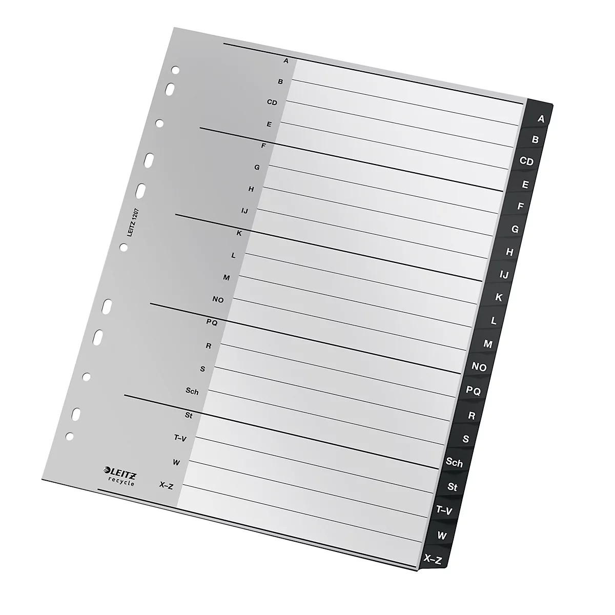 Graue, transparente Registerkarte mit schwarzer Schrift und Buchstaben von A bis Z. Die Marke LEITZ ist unten links abgebildet.