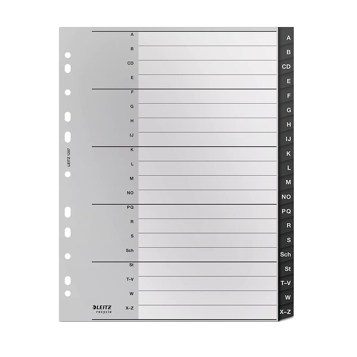 Graue Registerkarte mit alphabetischer Unterteilung für Ordner, mit schwarzen Registereinteilungen. Logo und Lochung vorhanden.