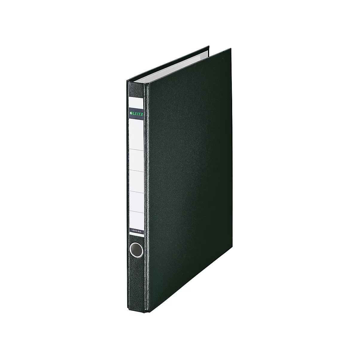 Dark green binder, standing sideways, with white label and the inscription "Leitz".