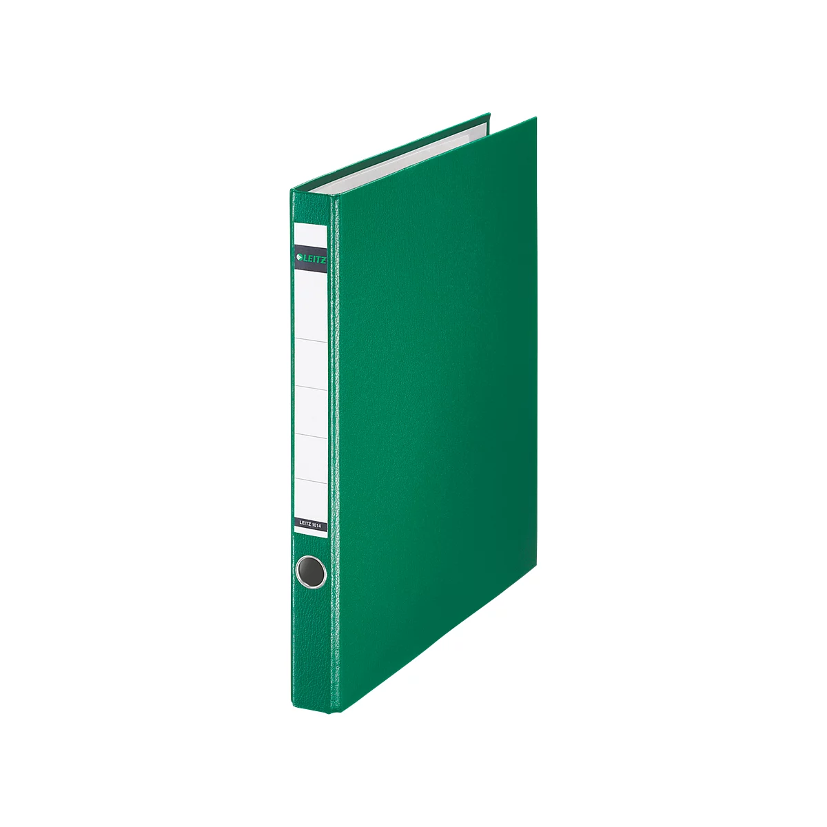 Green binder, half open, with white label and metal ring.