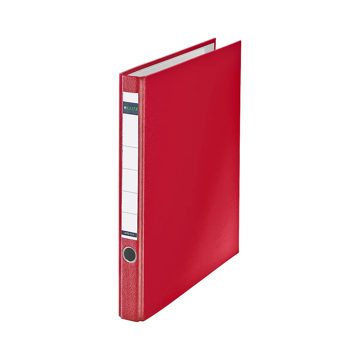 Red Leitz file binder with white label and black hole.
