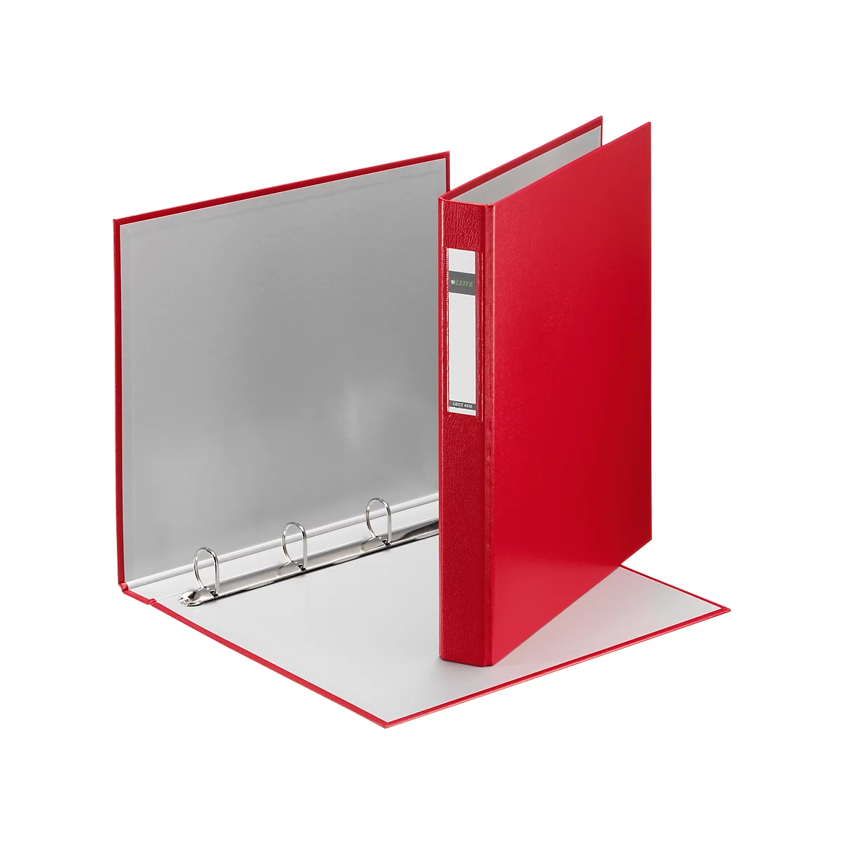 Open red binder with silver rings and a white label.