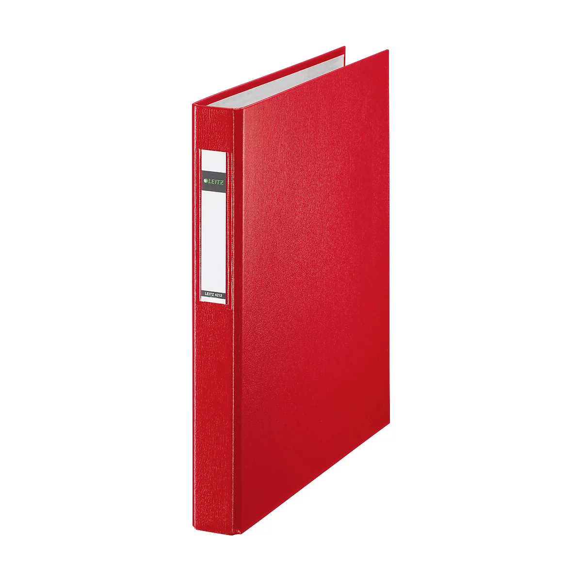 Red binder, partially open. On the spine is a white label with black writing.