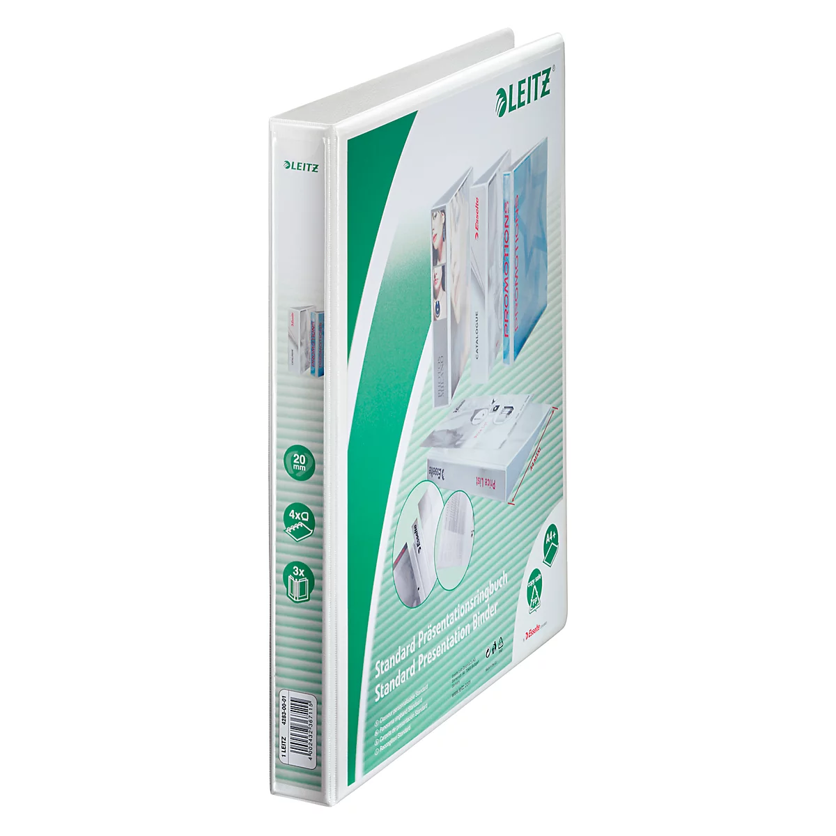 White binder with green logo and lettering. It shows the contents and design of the folders. "LEITZ" is written on the binder.