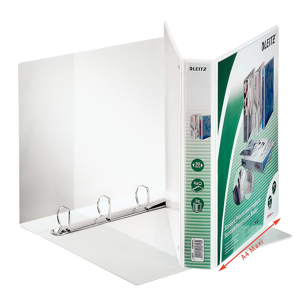 White Leitz binder, open. Left, the interior with metal rings. Right, the exterior with green and white lettering.