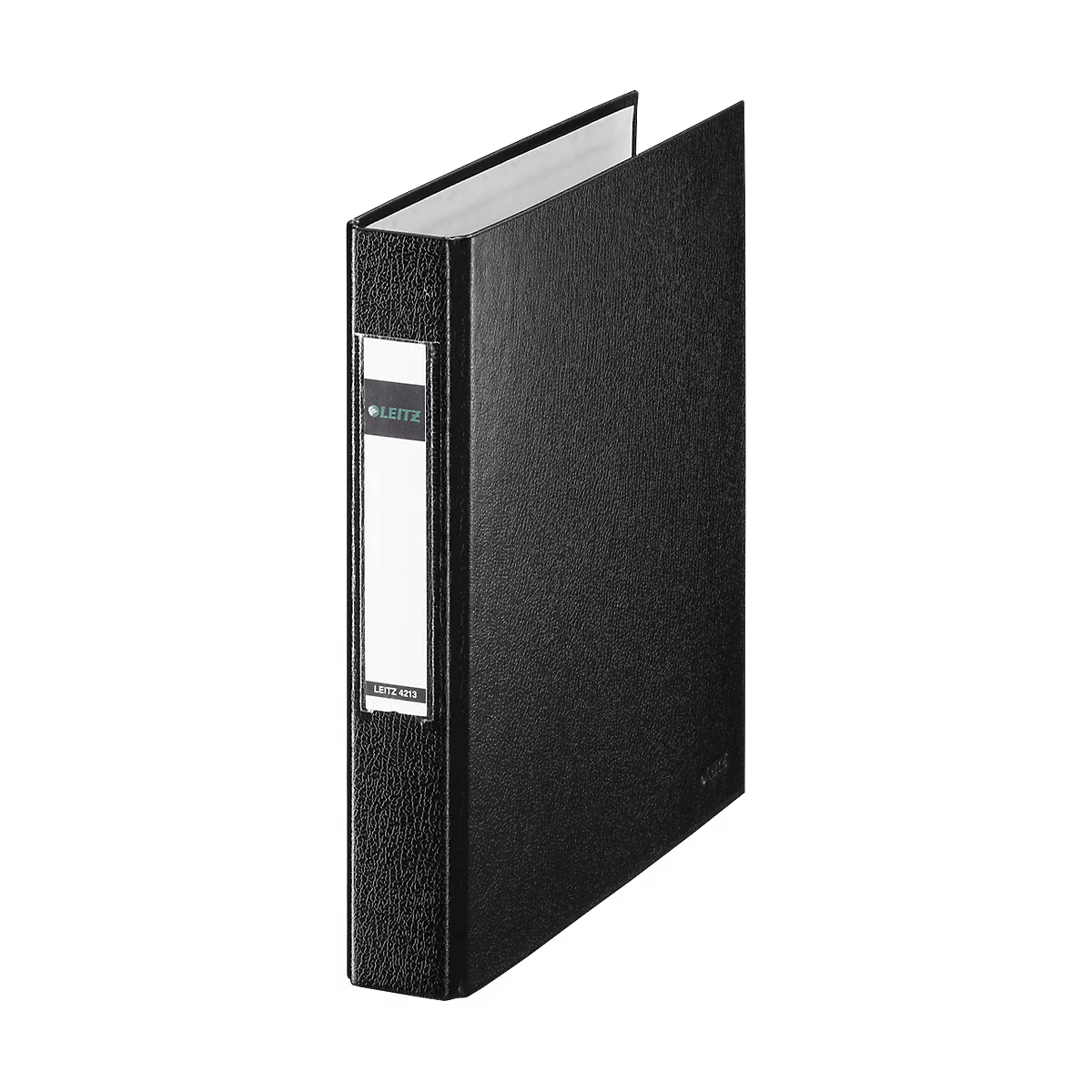 Black, open file binder with a white label and brand name. The inside pages are white.