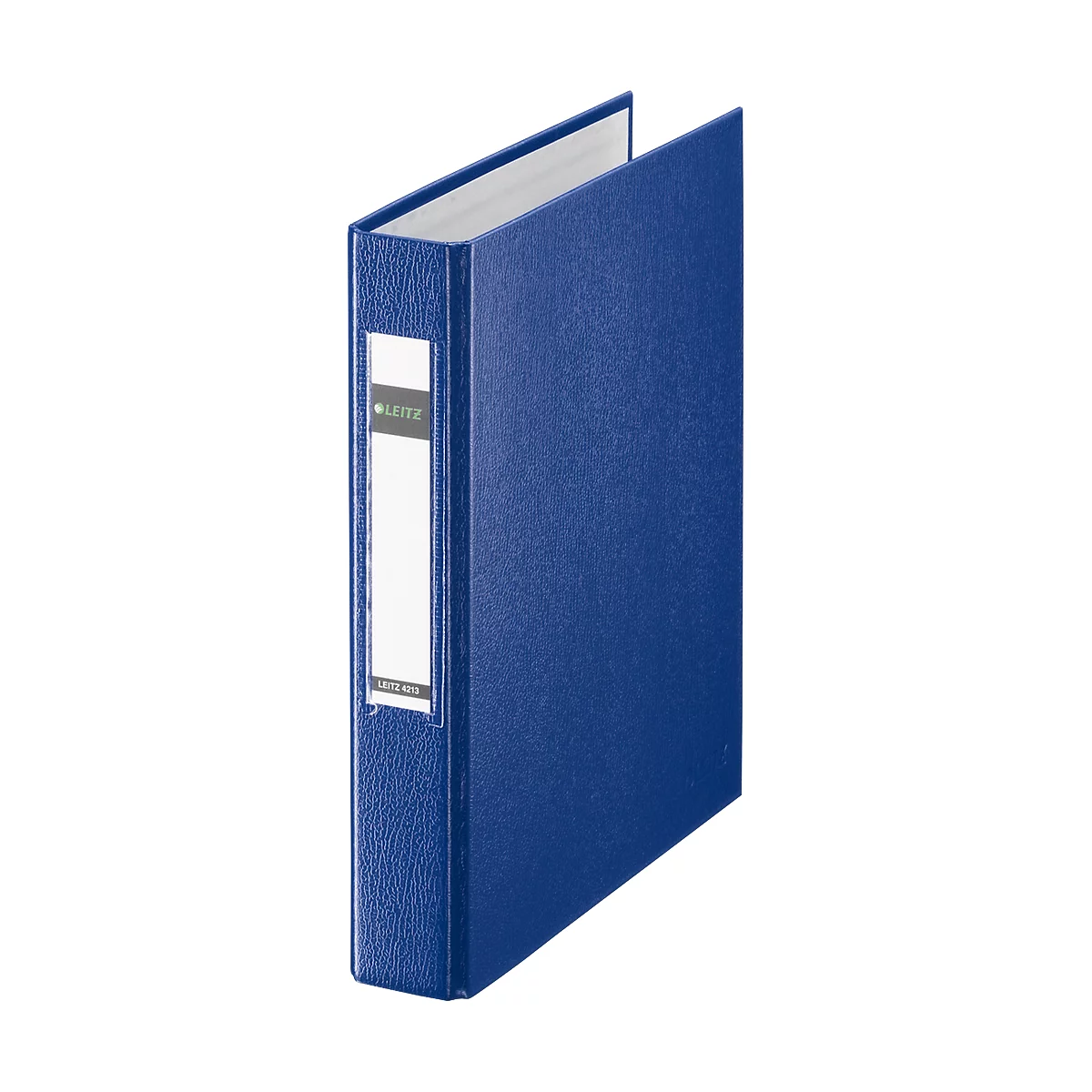 Blue Leitz binder, slightly open. On the front, a white label field with logo.
