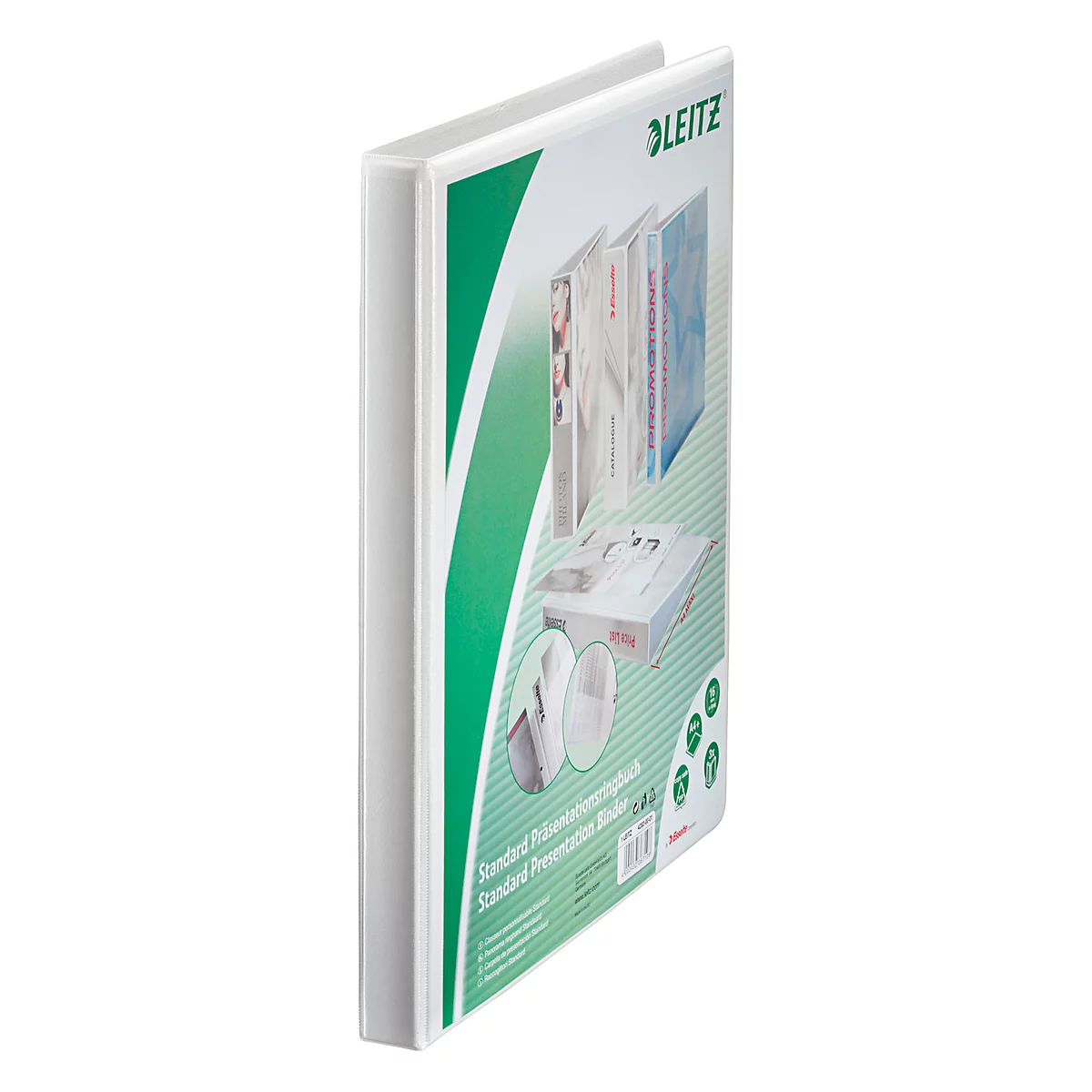 Ein weißer Präsentationsordner von Leitz mit grünem Muster und Produktabbildungen. Schriftzug: Standard Präsentationsordner.