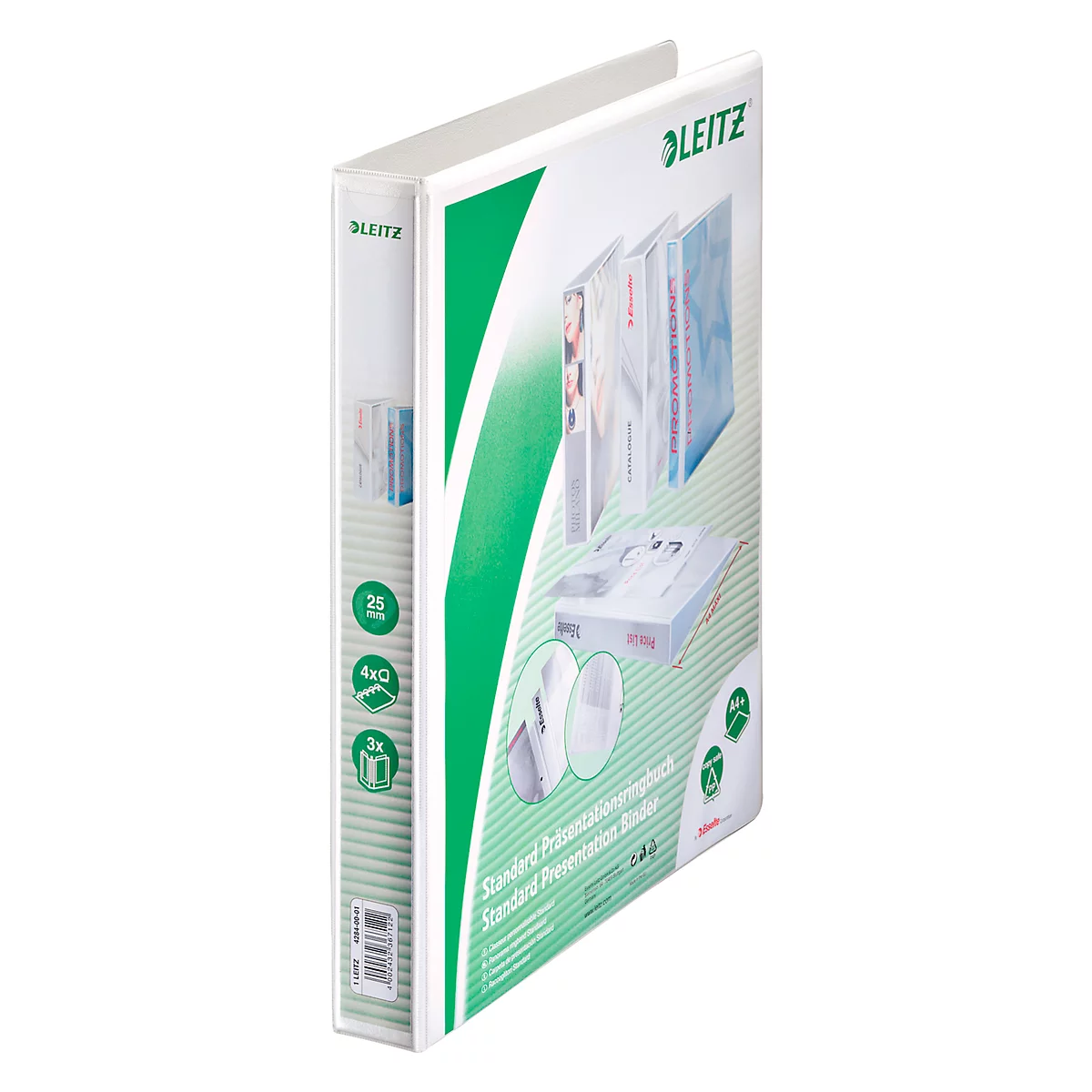 Weißer Ringordner mit grünem Leitz-Logo und grünen Elementen. Aufschrift "Standard Presentation Binder".