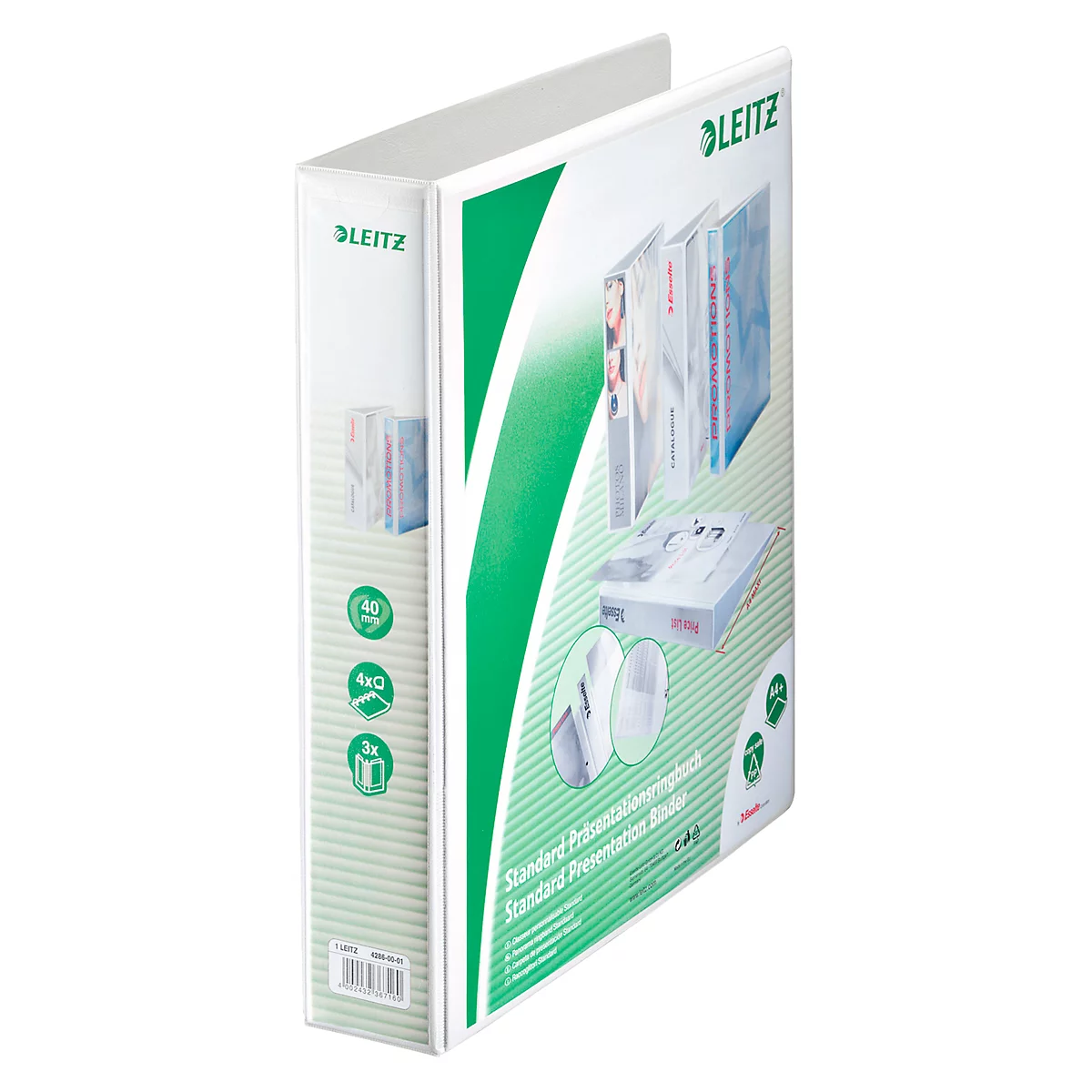 Ein weißer Leitz-Ordner mit grünen Akzenten, Produktbezeichnung, grüne Kreissymbole.