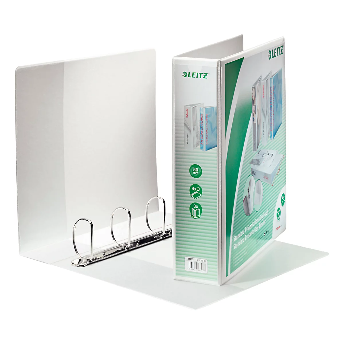 Weißer Ordner, geöffnet, mit Metallringen. Die rechte Seite zeigt die grüne Verpackung mit Logos und Produktinformationen.