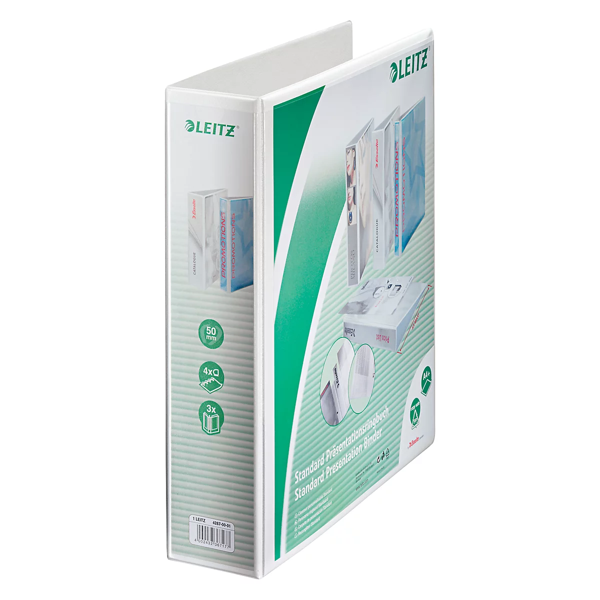 Weißer Ordner mit grünem Akzent und Leitz-Logo. Aufgedruckte Abbildungen von Ordnern und Text.