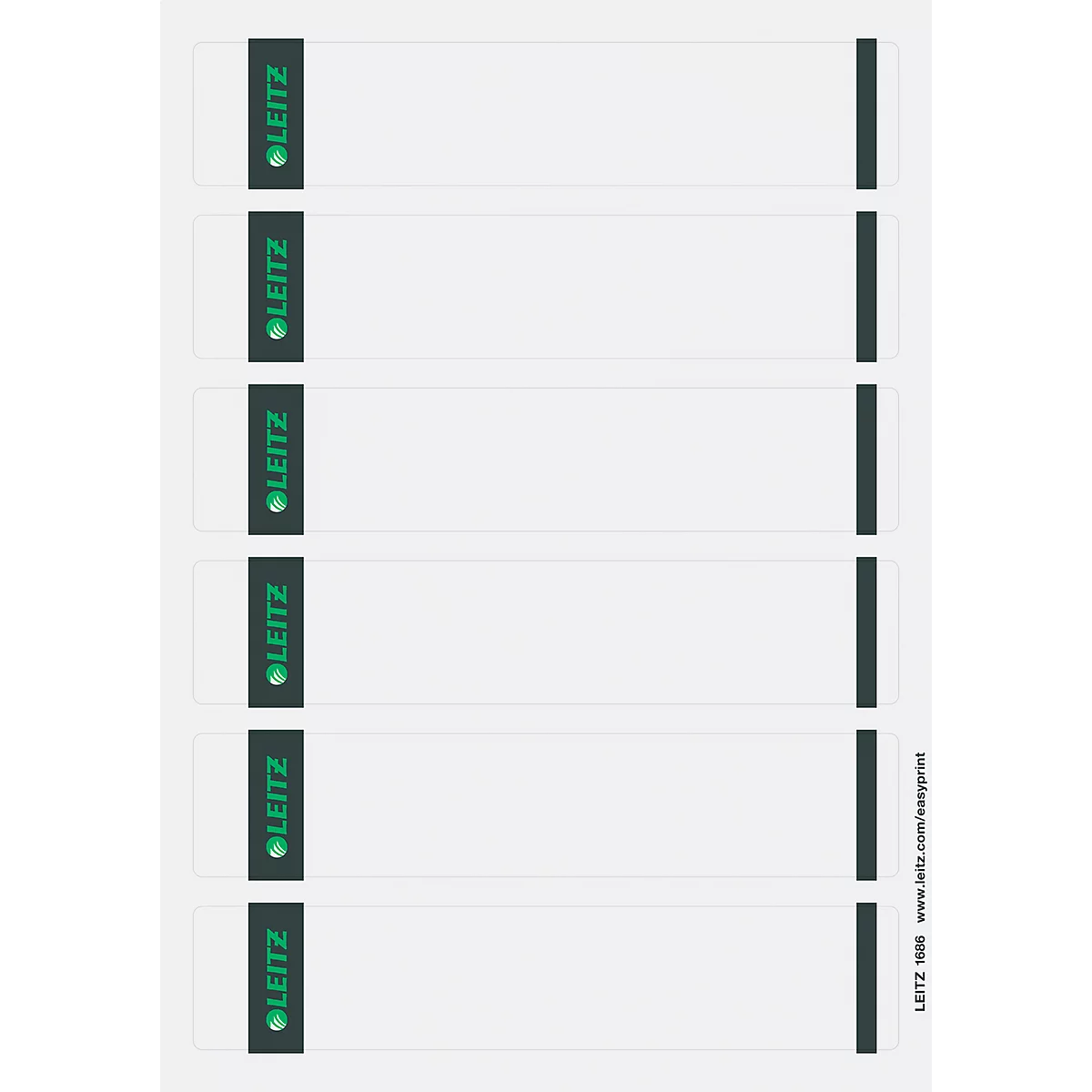 Leitz etiketten. Zes rechthoekige labels met Leitz logo. Een groene lijn verdeelt de labels.