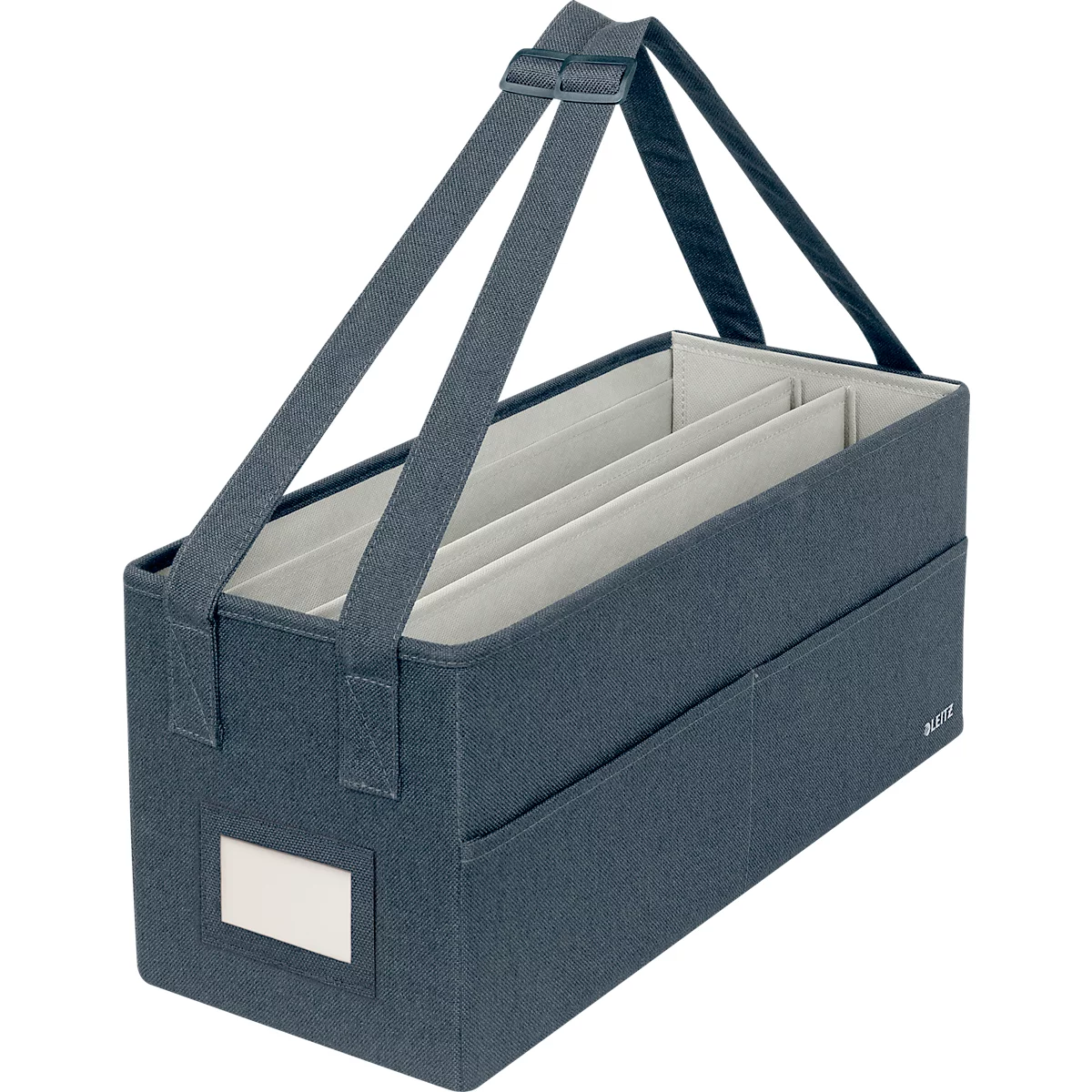 Sac de rangement bleu avec poignée et compartiments.