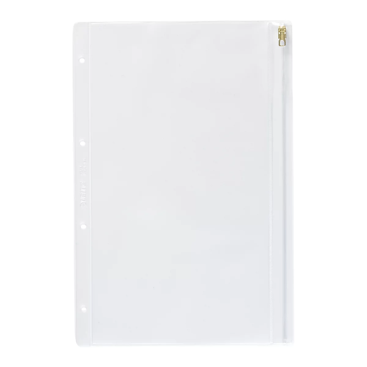 Transparente Kunststoffhülle mit Reißverschluss. An der Seite befinden sich drei Löcher. Der Reißverschluss ist goldfarben.