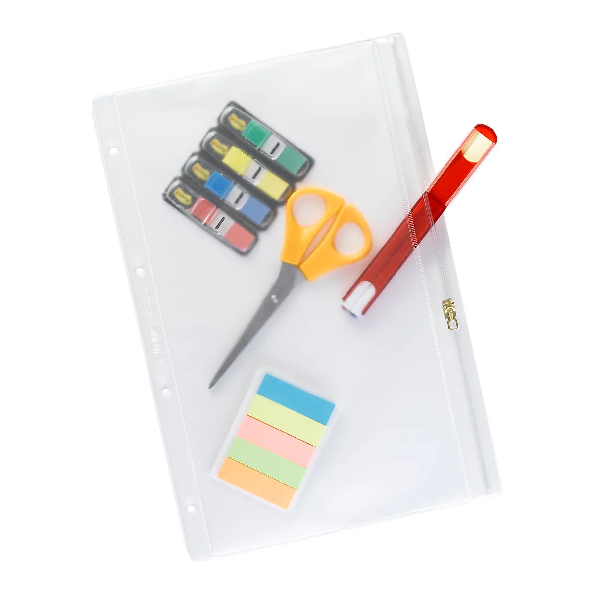 Transparente Büroklammermappe mit Schere, Textmarkern, Haftnotizen und Stift.